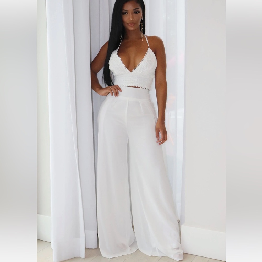 Fashion Nova Here to Stay pant set white size small low cut crop top flowy pants